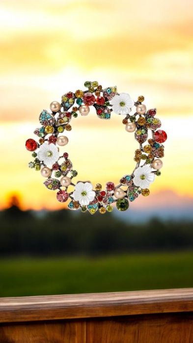 Set de 24 de unghii false, scurte, cu design pătrat și elegant Broșă în formă de coroană cu flori de prun albe, cu strasuri strălucitoare