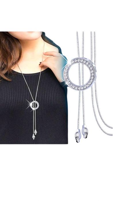 Set Ceas și Brățară Regal – Argintiu Strălucitor, Design Feminin Colier lung elegant cu pandantiv geometric circular