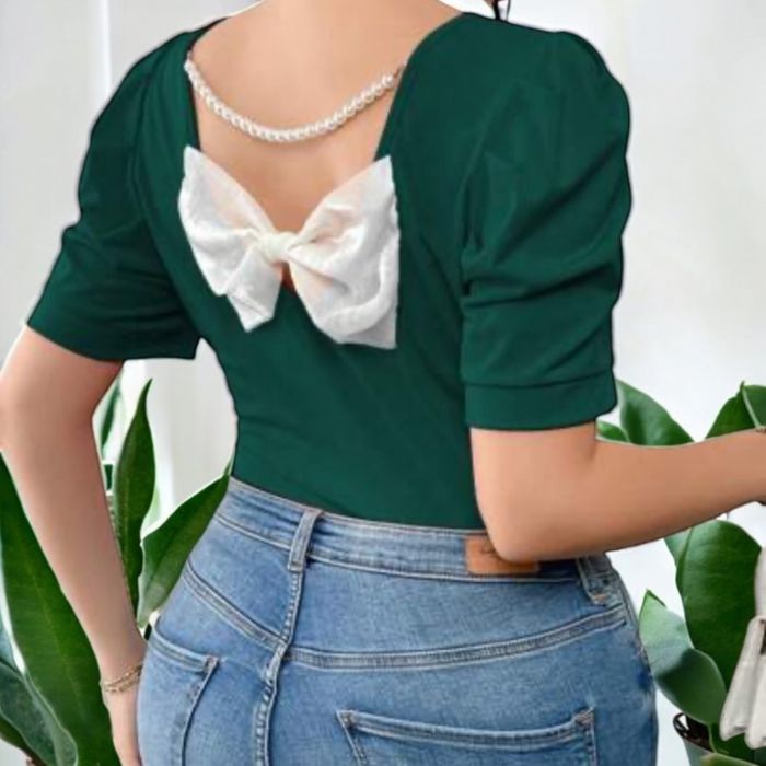 Pulover negru supradimensionat Bluză damă verde cu mâneci bufante și fundă la spate