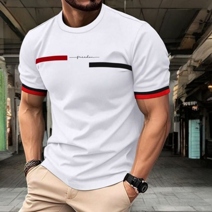 Tricou polo Tricou bărbătesc alb cu imprimeu „freedom” – design urban cu accente roșu-negru