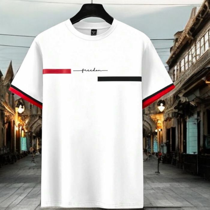 Tricou polo Tricou bărbătesc alb cu imprimeu „freedom” – design urban cu accente roșu-negru