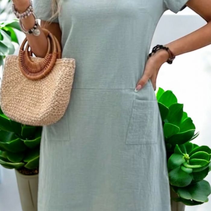 Top decupat pentru damă, cu gât cu șarmuire Rochie casual vară damă cu buzunare – Verde mentă