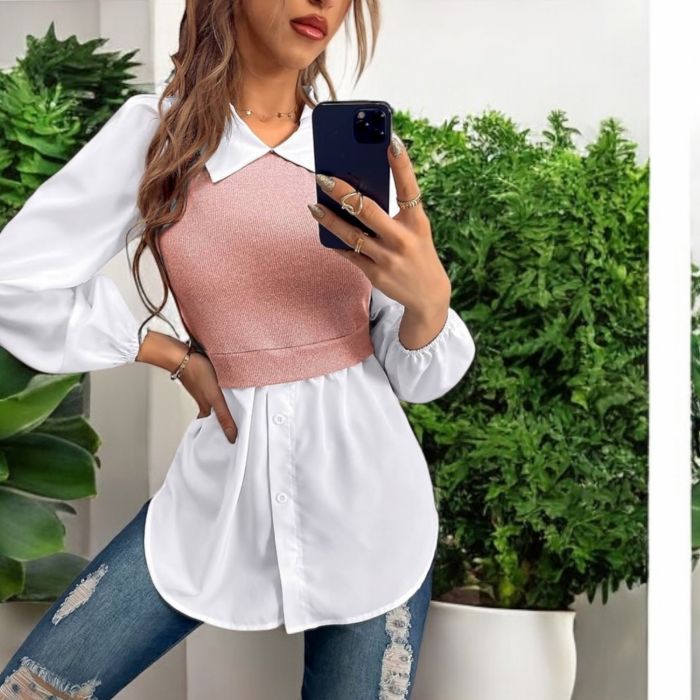 Pulover negru supradimensionat Bluză damă 2 în 1 – Cămașă albă cu bustieră roz