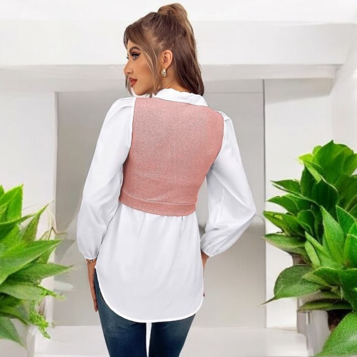 Pulover negru supradimensionat Bluză damă 2 în 1 – Cămașă albă cu bustieră roz