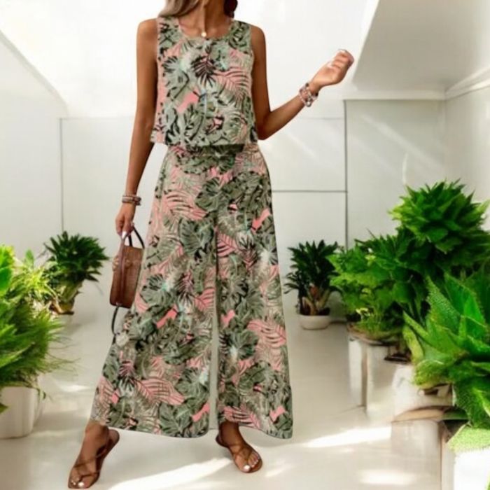 Pulover negru supradimensionat Set damă vară cu imprimeu tropical – top fără mâneci și pantaloni palazzo largi, stil casual
