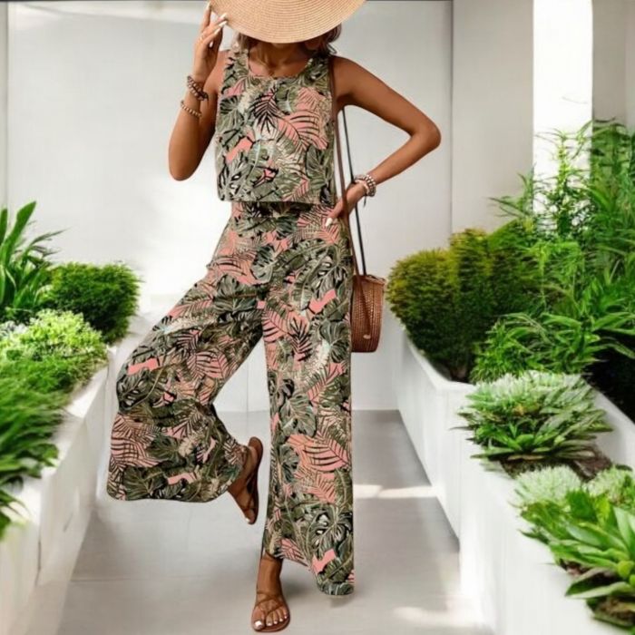 Pulover negru supradimensionat Set damă vară cu imprimeu tropical – top fără mâneci și pantaloni palazzo largi, stil casual