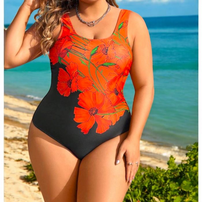 Papuci dama casual Costum de Baie Întreg Plus Size – Imprimeu Floral Roșu și Negru Elegant