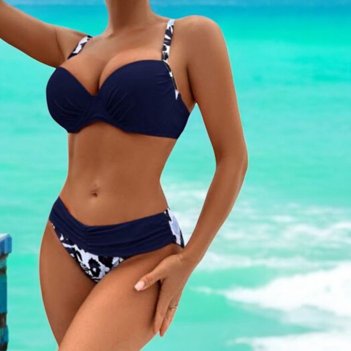 Pantaloni scurți din denim damă Costum de Baie Două Piese Albastru Marin cu Imprimeu Animal Print – Push-Up & Talie Înaltă