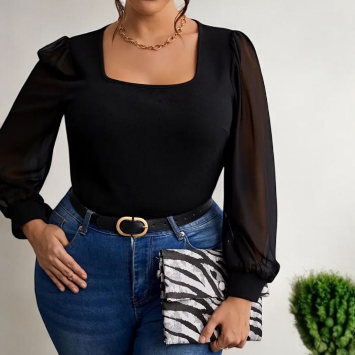 Jacheta de fas cu capse matlasata roz potrivita pentru toamna/primavara Bluza elegantă plus size cu mâneci transparente – Negru