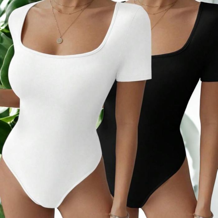 Pulover negru supradimensionat Body damă cu mânecă scurtă și decolteu pătrat – alb și negru, versatil și confortabil