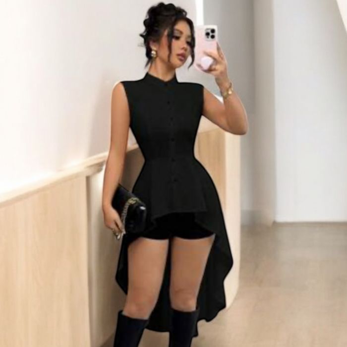 Rochie Bej Elegantă cu Decolteu Pătrat – Croială Mullet Bodycon Top Asimetric Negru Fără Mâneci – Croială scurtă fată lungă spate