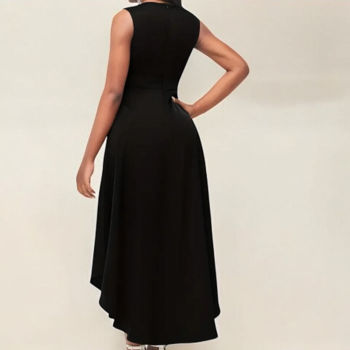 Rochie Bej Elegantă cu Decolteu Pătrat – Croială Mullet Bodycon Top Asimetric Negru Fără Mâneci – Croială scurtă fată lungă spate