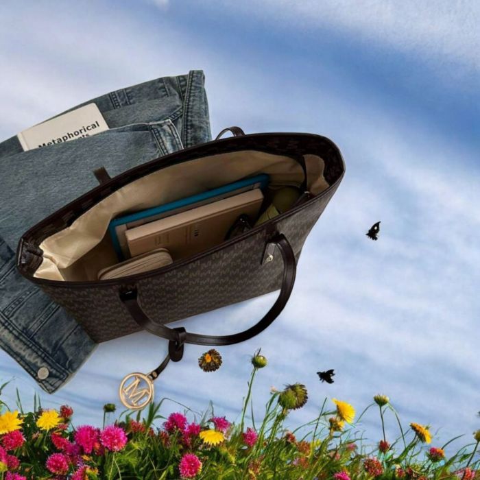 Fusta-pantalon bej Geantă Tote de Toamnă-Iarnă cu Imprimeu Modern – Mare Capacitate, Fermoar și Pandantiv Decorativ