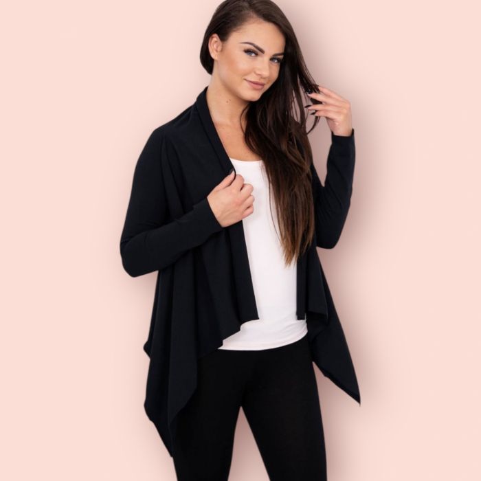 Jacheta dama scurta din fas matlasat galbena cu capse,de toamna si primavara Cardigan Negru Casual cu Croială Asimetrică – Jachetă Ușoară de Damă pentru Toamnă sau Primăvară