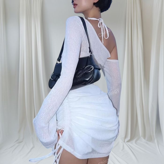 Jacheta dama scurta din fas matlasat galbena cu capse,de toamna si primavara Rochie Albă Mini Asimetrică cu Mâneci Lungi – Rochie Sexy de Vară cu Decupaj și Șnururi