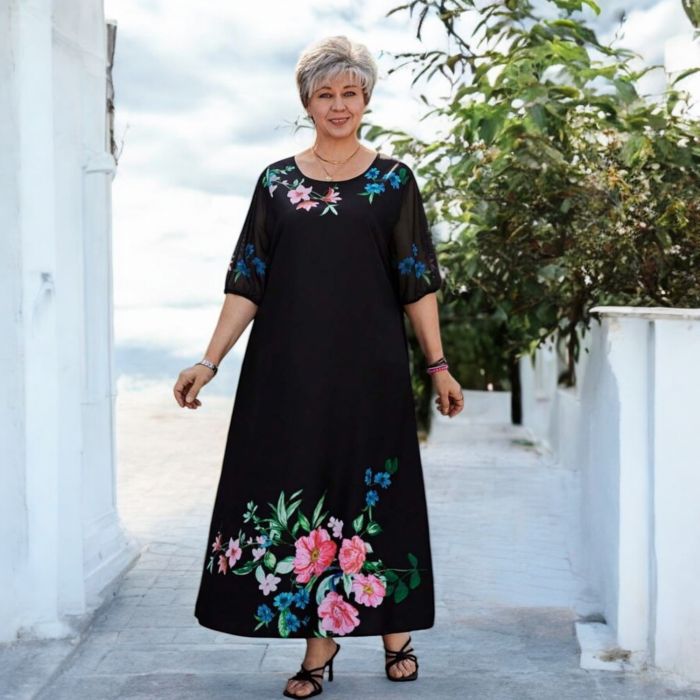 Jacheta de fas cu capse matlasata roz potrivita pentru toamna/primavara Rochie Lungă Neagră cu Imprimeu Floral – Rochie Elegantă pentru Doamne, Mâneci 3/4