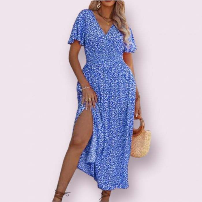 Sandale roz elegante Rochie albastra cu floricele