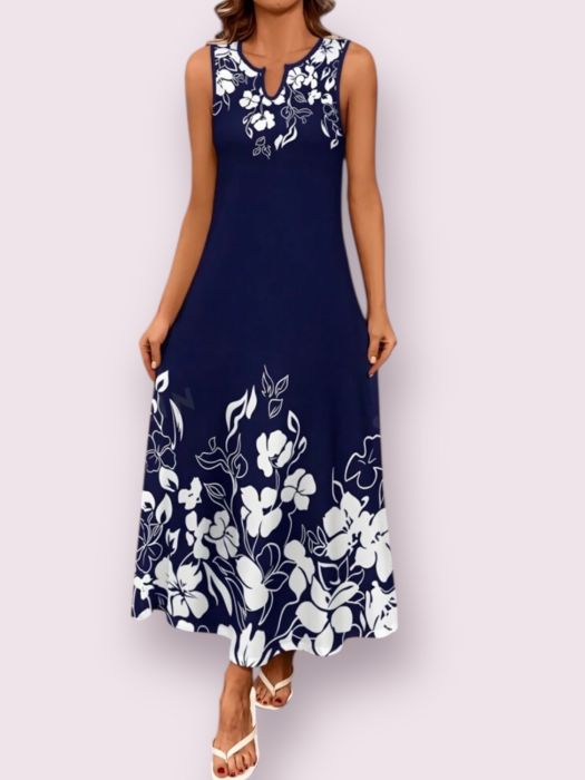 Pulover supradimensionat bleumarin Rochie Lungă Bleumarin fără Mâneci cu Imprimeu Floral Alb – Casual de Vară