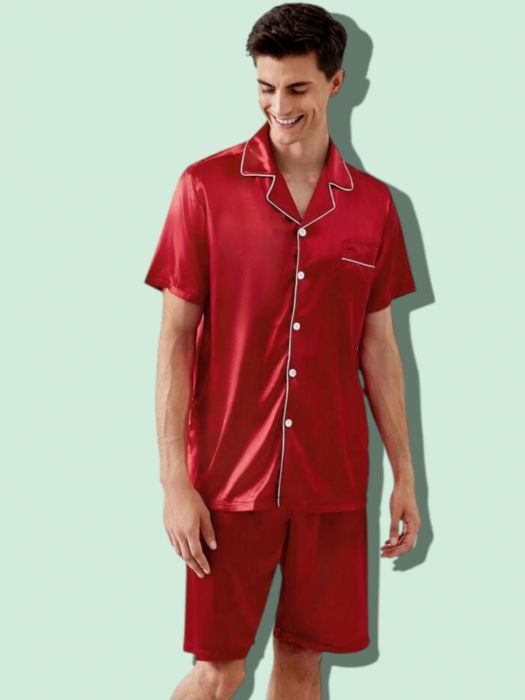 Pantaloni barbati gri inchis Pijama barbati din saten rosu