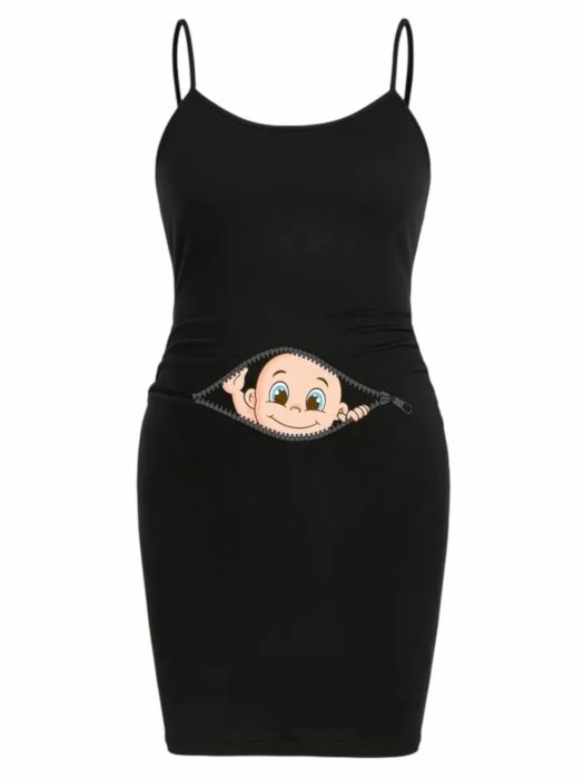 Papuci dama versatili Rochie gravide neagră cu bretele subțiri, imprimeu amuzant bebeluș cu fermoar – material elastic, stil casual de vară