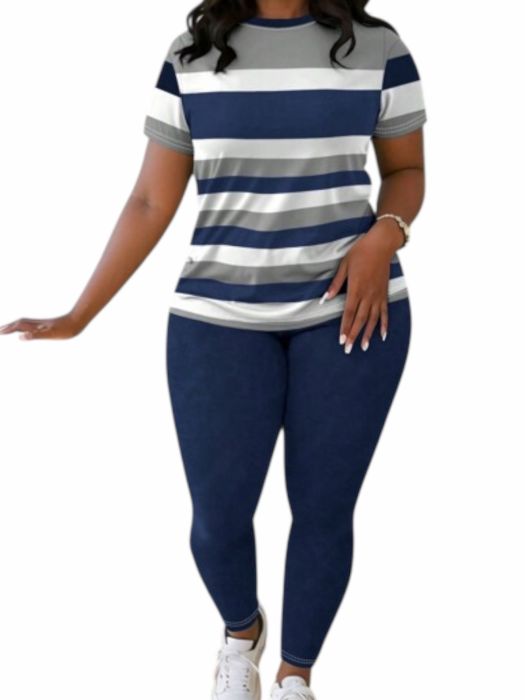 Fusta carouri  Set damă plus size cu tricou în dungi și colanți lungi, casual sport, mărimi mari – model bleumarin/gri