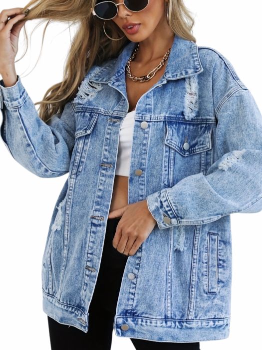 Pantofi negri lacuiti Jachetă Damă Denim Albastru Oversized, Model Uzat, Stil Casual, cu Nasturi – Primăvară/Toamnă