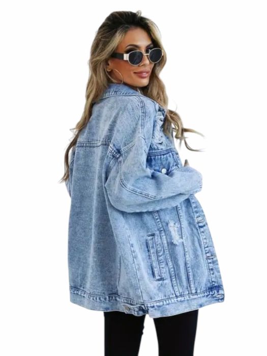 Pantofi negri lacuiti Jachetă Damă Denim Albastru Oversized, Model Uzat, Stil Casual, cu Nasturi – Primăvară/Toamnă