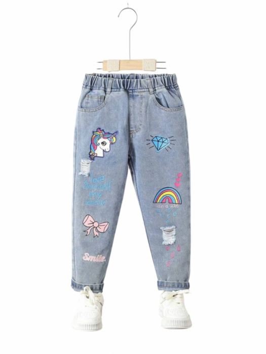 Rochie fetite lila cu volane Blugi Fetiță cu Imprimeuri Unicorn, Curcubeu și Diamant – Model Casual cu Talie Elastică, Denim Albastru Deschis