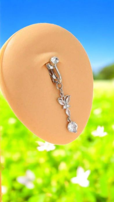 Set de 24 de unghii false, scurte, cu design pătrat și elegant Piercing fals pentru buric, cu design elegant de fluture